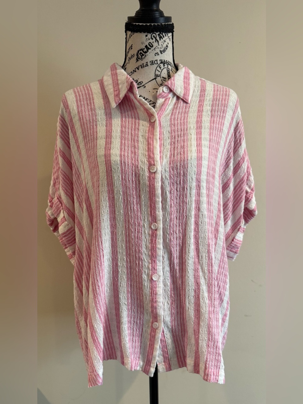 Relaxed Pink & White Striped Short Sleeve Button-Up Shirt